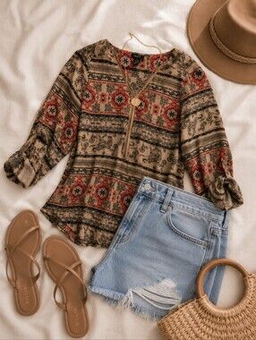 Boho Paisley Zip-Front Blouse | Lightweight Bohemian Top | Beige & Coral Print
